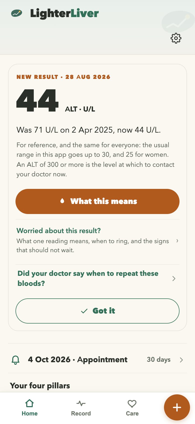 The LighterLiver home screen showing a new ALT result