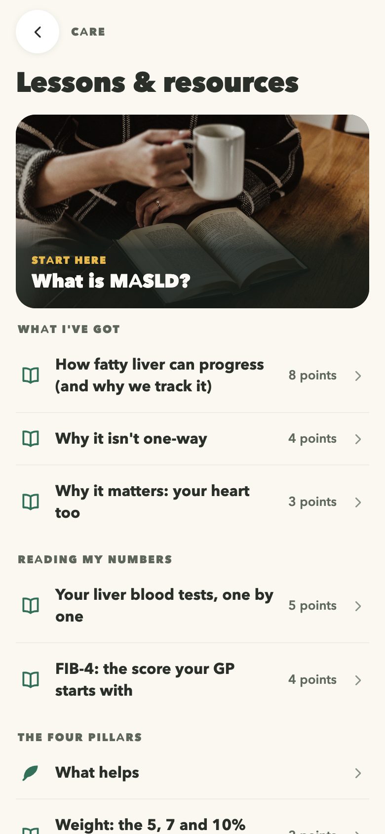 The Lessons and resources screen